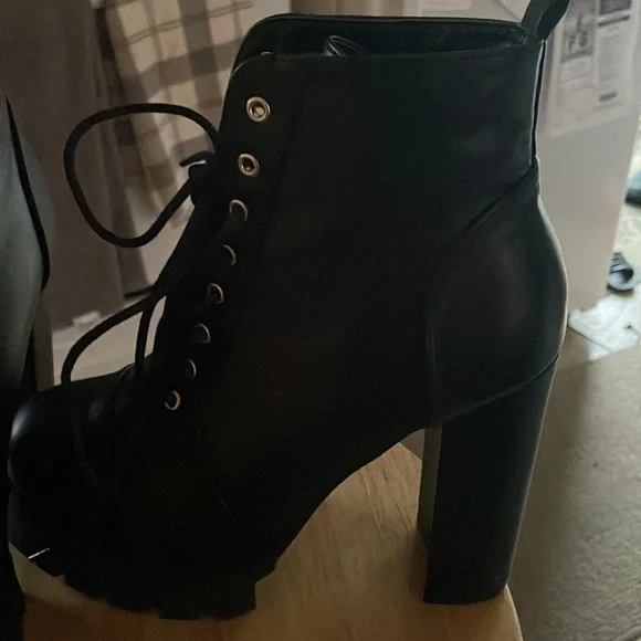 Brand New Black High Heel Combat Booties - Picture 2 of 3